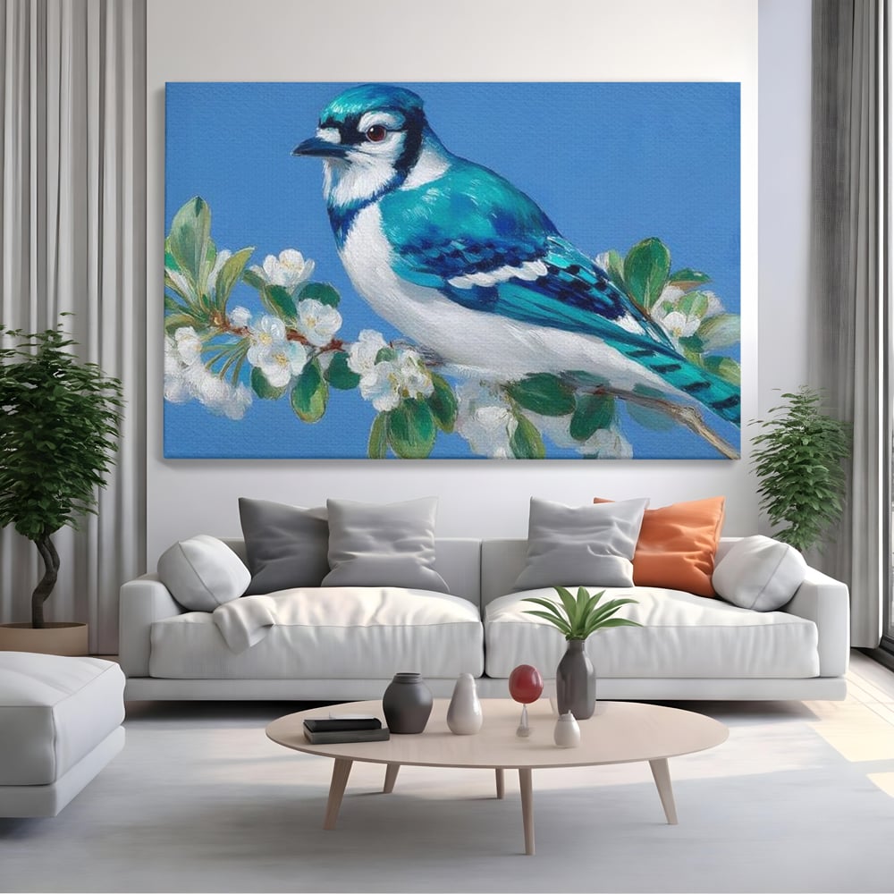 Tablou canvas cu tablou canvas cu gai albastra pe ramura, fara rama, pe sasiu de lemn, pe perete intr-un living